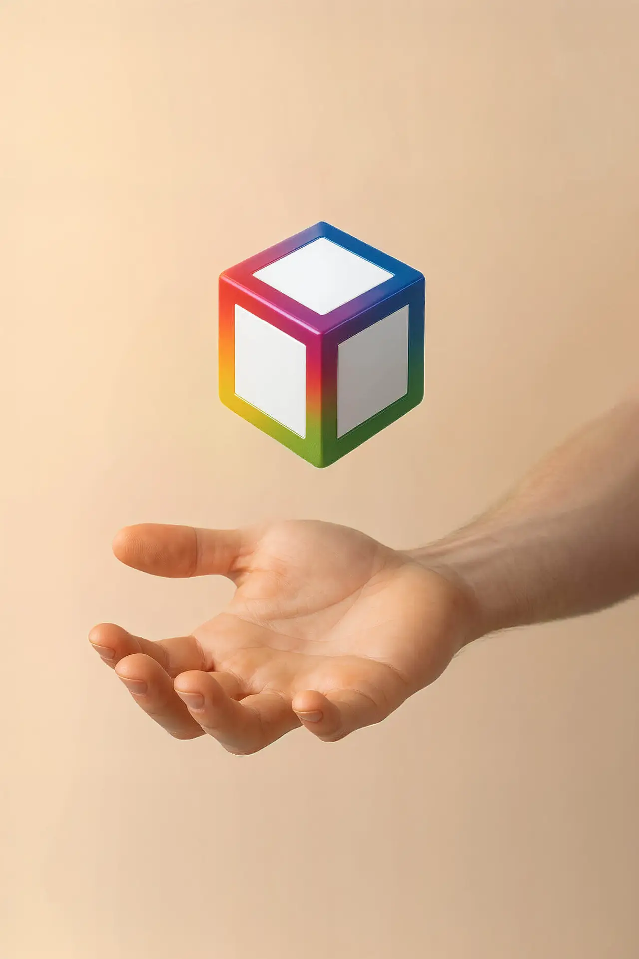 The Farfield Studio mark: an open hand with the rainbow cube floating above it